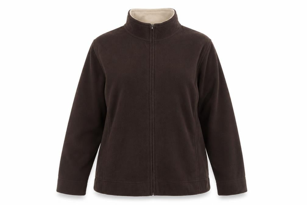 Front view of Isle women’s brown fleece full zip basic jacket, size XL