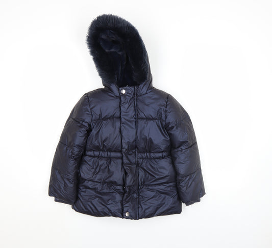 Marks and Spencer Girls Blue Hooded Puffer Coat 4-5 Years Winter Jacket