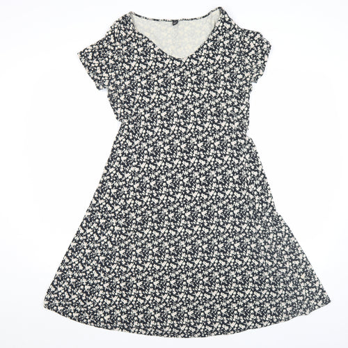 Uniqlo Women Black Floral A-Line Stretch Cotton Jersey Knee Length Dress M