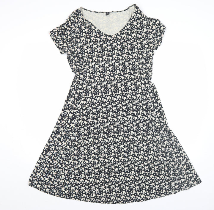 Uniqlo Women Black Floral A-Line Stretch Cotton Jersey Knee Length Dress M