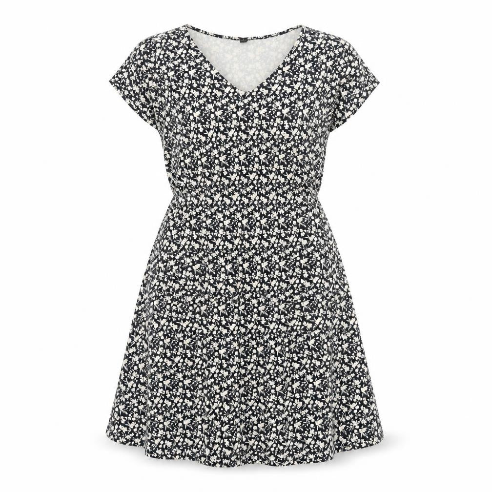 Uniqlo Women Black Floral A-Line Stretch Cotton Jersey Knee Length Dress M