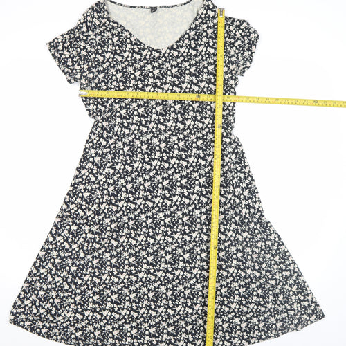 Uniqlo Women Black Floral A-Line Stretch Cotton Jersey Knee Length Dress M