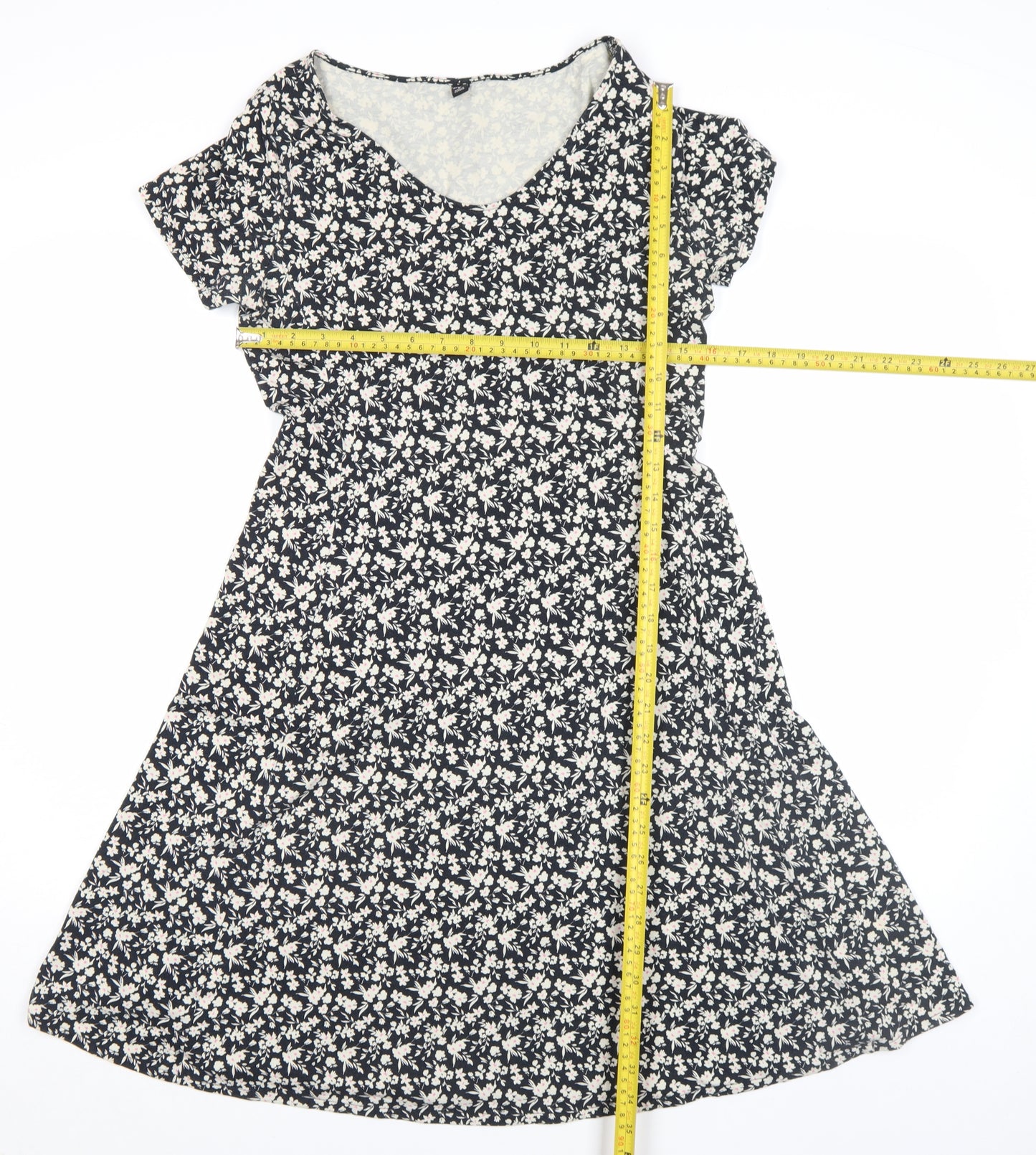 Uniqlo Women Black Floral A-Line Stretch Cotton Jersey Knee Length Dress M