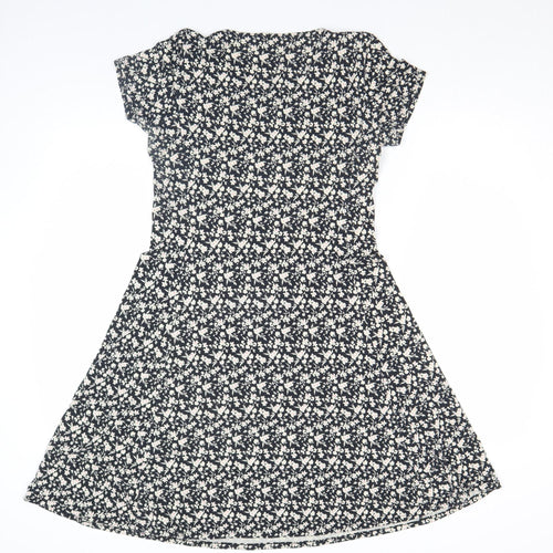 Uniqlo Women Black Floral A-Line Stretch Cotton Jersey Knee Length Dress M
