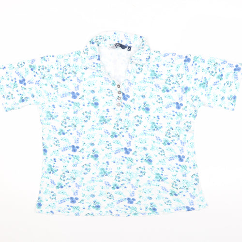 Vibe Womens White Blue Floral Cotton Polo Shirt Size M 14-16
