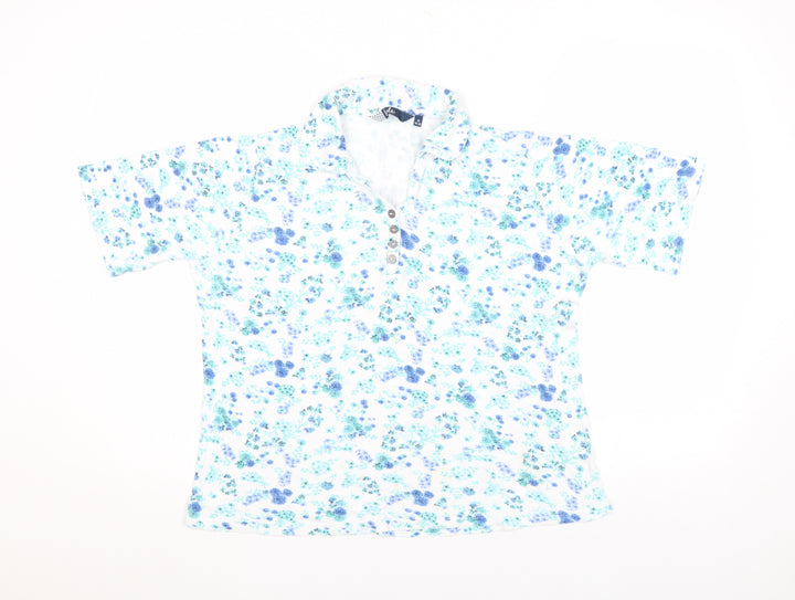 Vibe Womens White Blue Floral Cotton Polo Shirt Size M 14-16