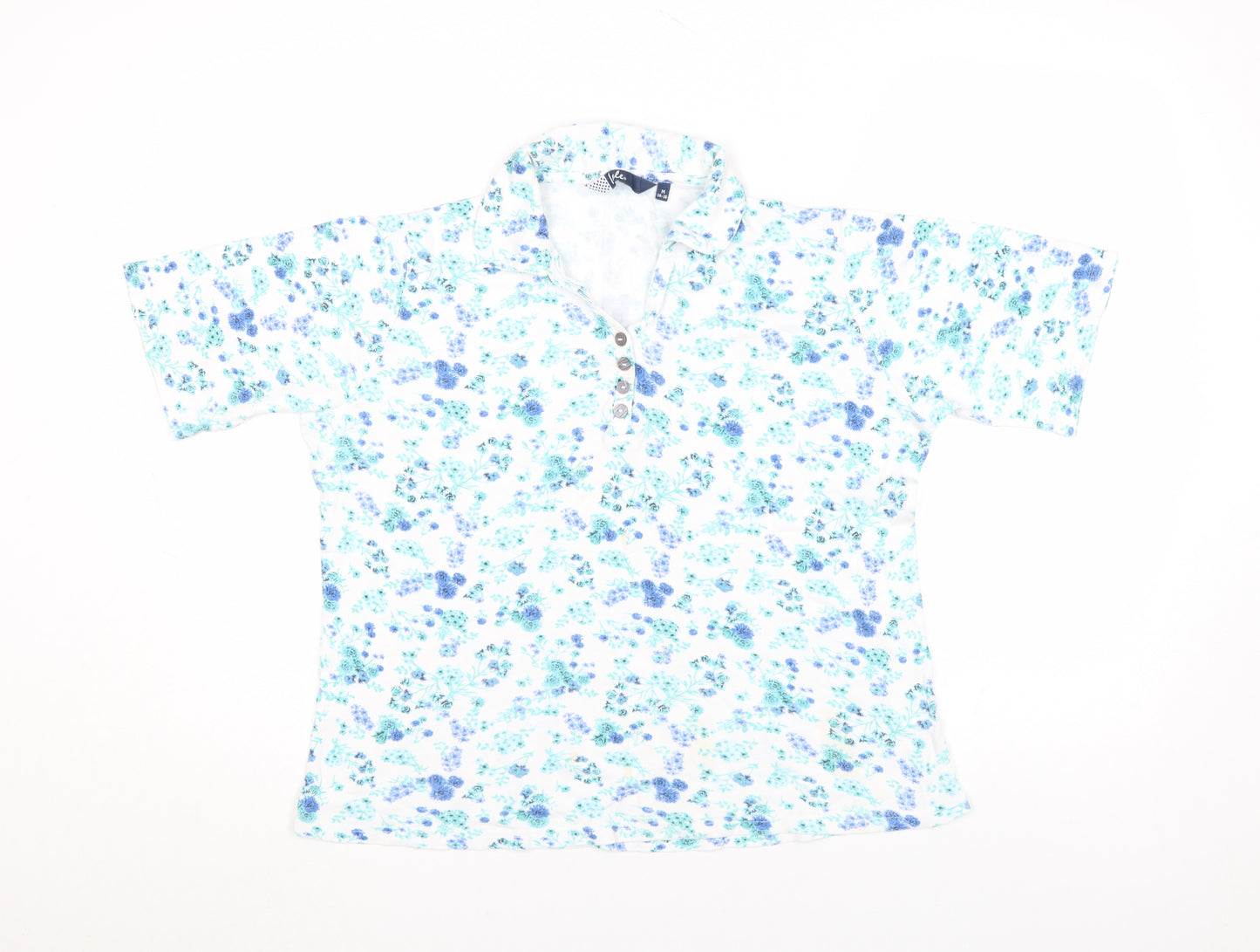 Vibe Womens White Blue Floral Cotton Polo Shirt Size M 14-16