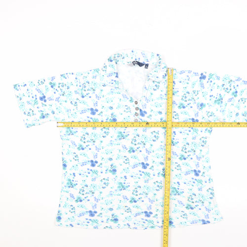 Vibe Womens White Blue Floral Cotton Polo Shirt Size M 14-16