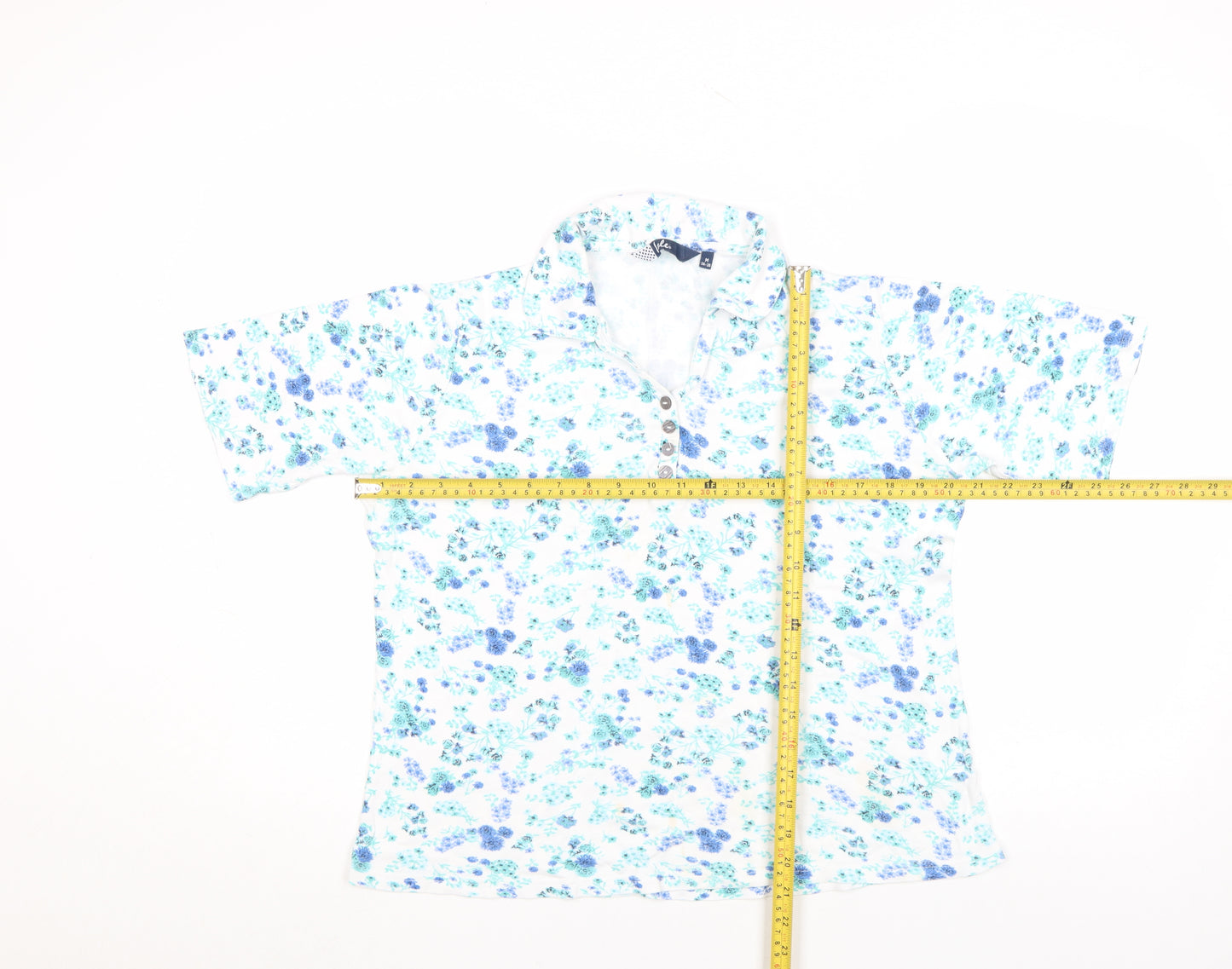 Vibe Womens White Blue Floral Cotton Polo Shirt Size M 14-16