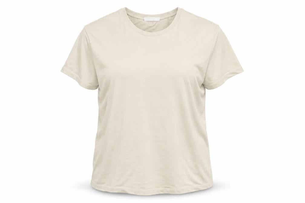 Front view of Whistles women’s beige t-shirt, size L, short sleeve cotton basic top