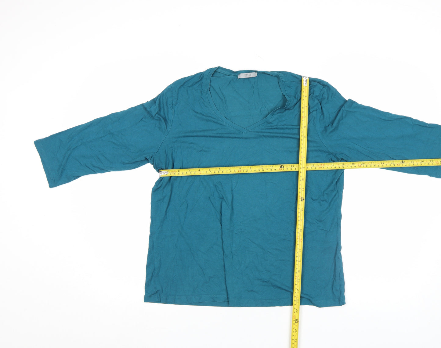 Marks and Spencer Women’s Teal 3/4 Sleeve V-Neck Cotton Top UK 20