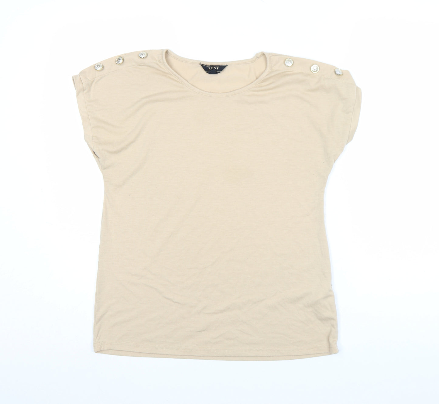 Jipsy Womens Beige Cotton Stretch Button Shoulder T-Shirt Size 8