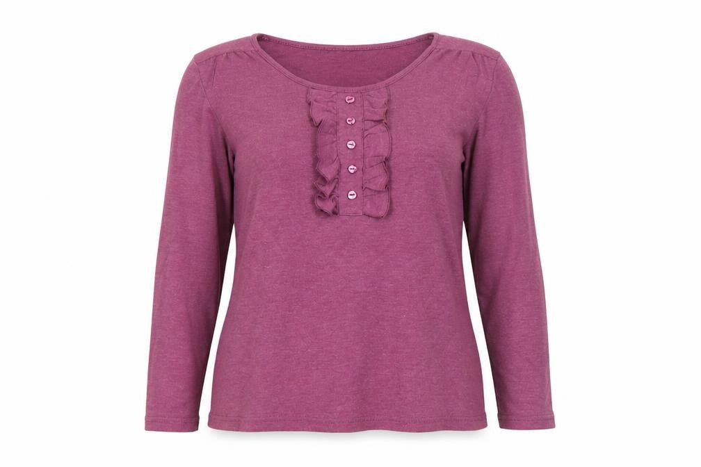 Front view of Klass Women’s Purple Long Sleeve Ruffle Button Tunic Blouse, size M
