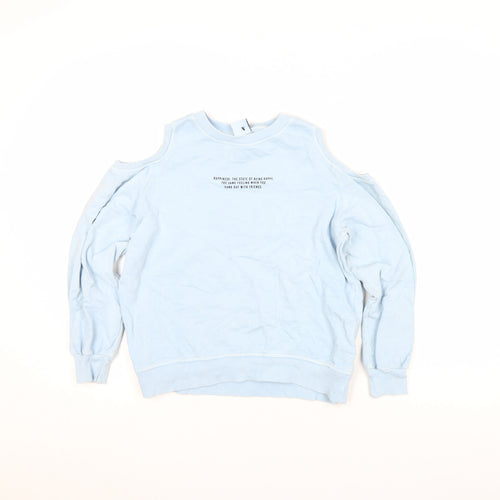 Zara Girls Blue Pullover Sweatshirt 9 Years Cut Out Shoulder Graphic Print