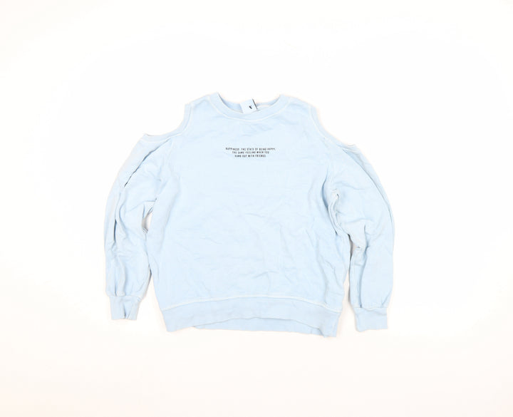 Zara Girls Blue Pullover Sweatshirt 9 Years Cut Out Shoulder Graphic Print