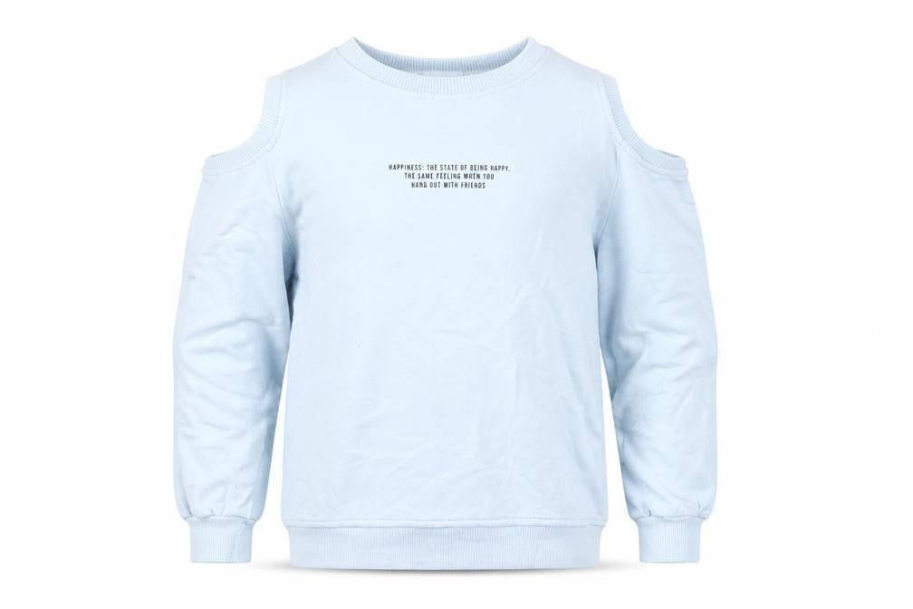 Front view of Zara girls’ blue pullover sweatshirt 9 years cut out shoulder graphic print