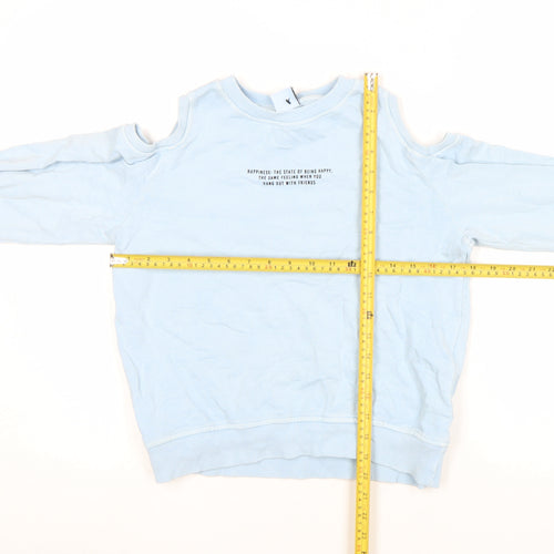 Zara Girls Blue Pullover Sweatshirt 9 Years Cut Out Shoulder Graphic Print