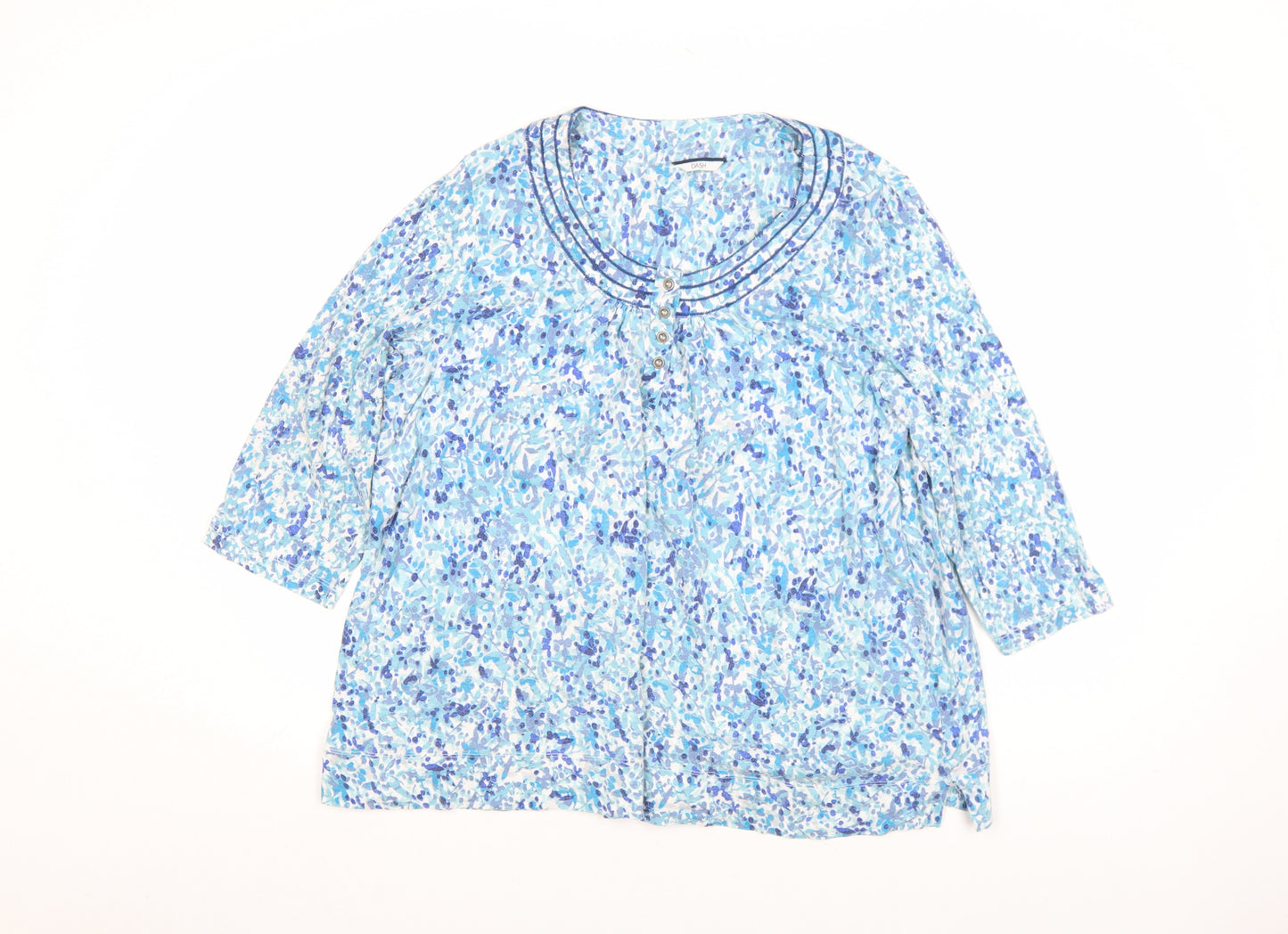 DASH Women's Blue Floral 3/4 Sleeve Cotton Tunic Blouse Size 12