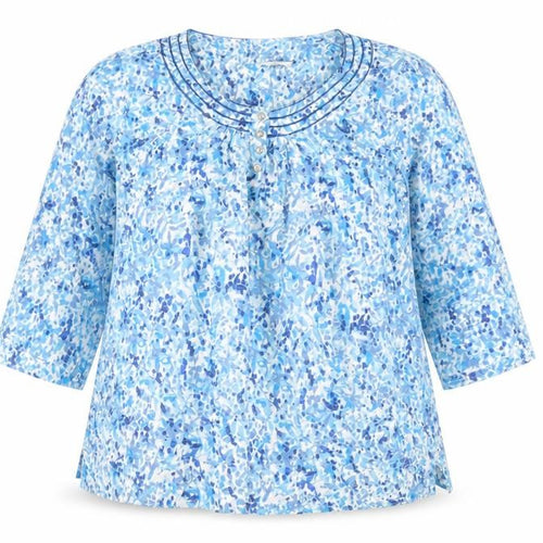 DASH Women's Blue Floral 3/4 Sleeve Cotton Tunic Blouse Size 12