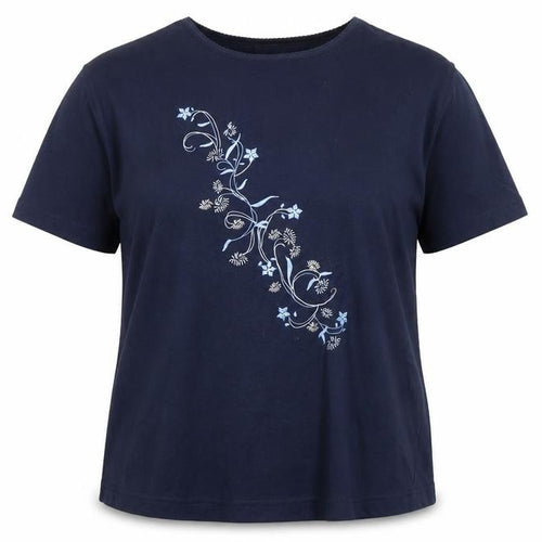 Bonmarché Women’s Blue Floral Embroidered Cotton Blend T-Shirt XL