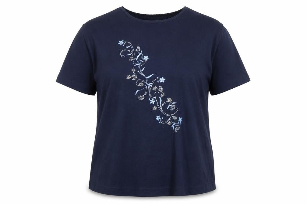 Bonmarché Women’s Blue Floral Embroidered Cotton Blend T-Shirt XL