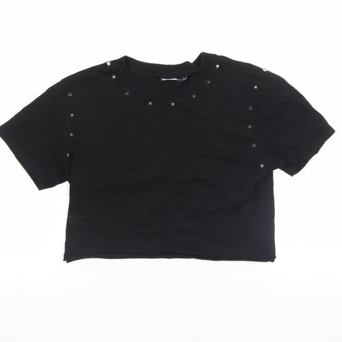 Asos Design Women Black Cropped Studded Jersey T-Shirt Size M