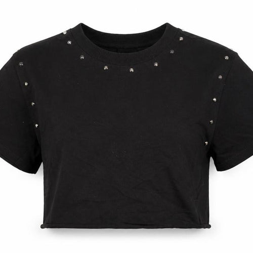 Asos Design Women Black Cropped Studded Jersey T-Shirt Size M