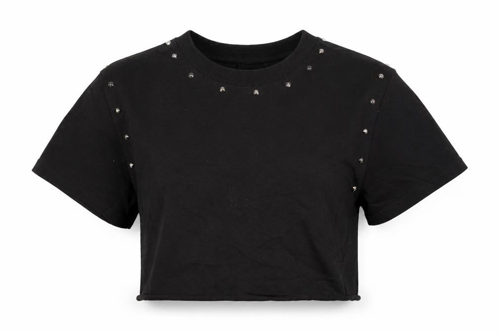 Asos Design Women Black Cropped Studded Jersey T-Shirt Size M