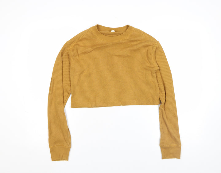 Uniqlo Women Brown XS Cropped Ribbed Long Sleeve T-Shirt