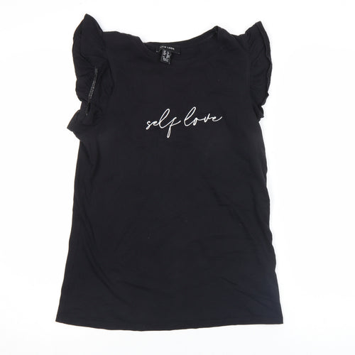 New Look Women Black Ruffle Sleeve Self Love T-Shirt Size 8