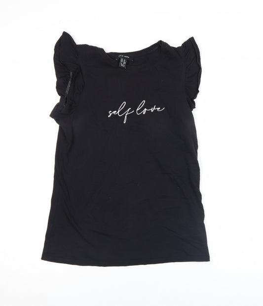 New Look Women Black Ruffle Sleeve Self Love T-Shirt Size 8