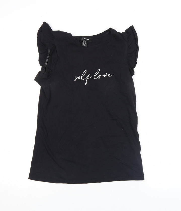 New Look Women Black Ruffle Sleeve Self Love T-Shirt Size 8