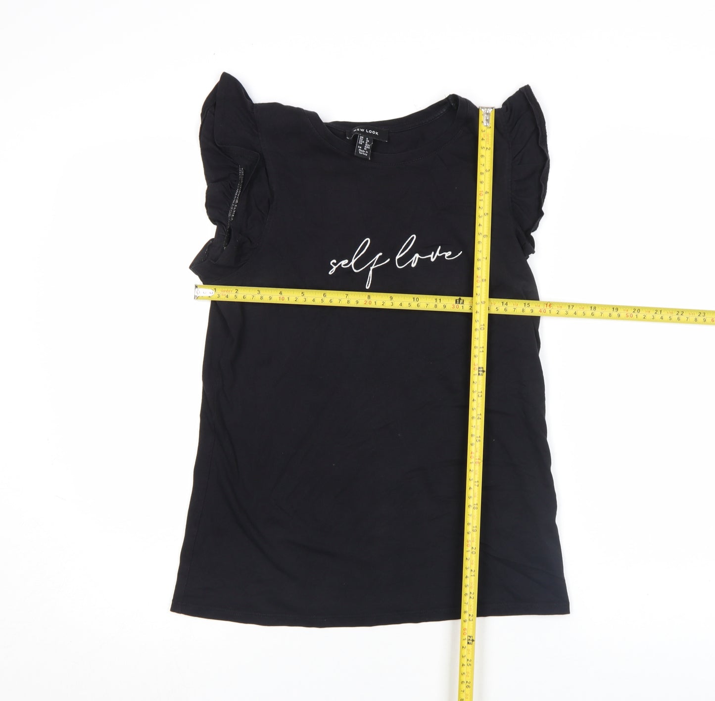 New Look Women Black Ruffle Sleeve Self Love T-Shirt Size 8