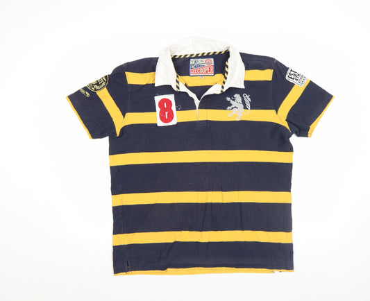 Lee Cooper Men's Navy Yellow Striped Rugby Polo Shirt M