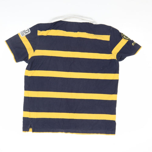 Lee Cooper Men's Navy Yellow Striped Rugby Polo Shirt M