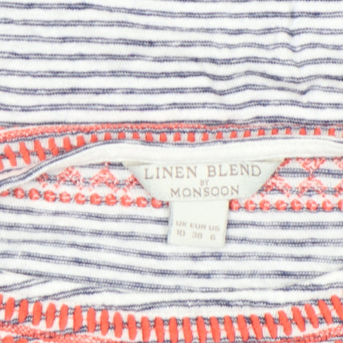 Monsoon Women's Blue Striped Linen Blend Short Sleeve T-Shirt Size 10