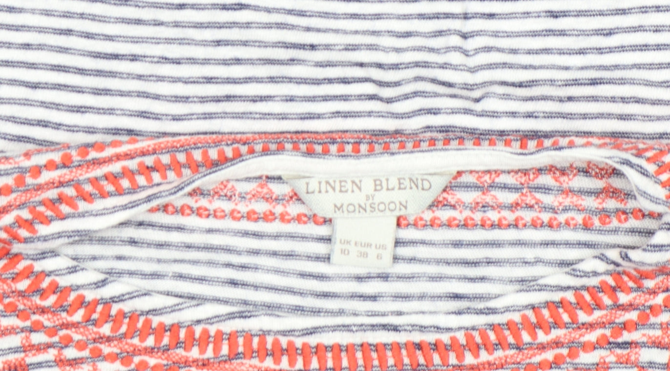 Monsoon Women's Blue Striped Linen Blend Short Sleeve T-Shirt Size 10