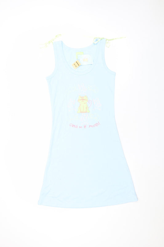 Women's Blue Cat Print Sleeveless Nightshirt Size 8-10 Lightweight Jersey