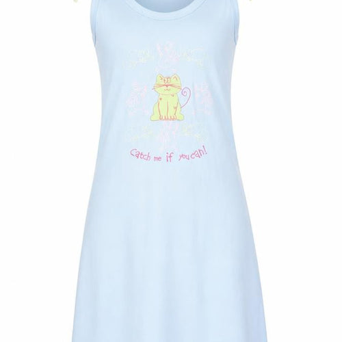 Women's Blue Cat Print Sleeveless Nightshirt Size 8-10 Lightweight Jersey