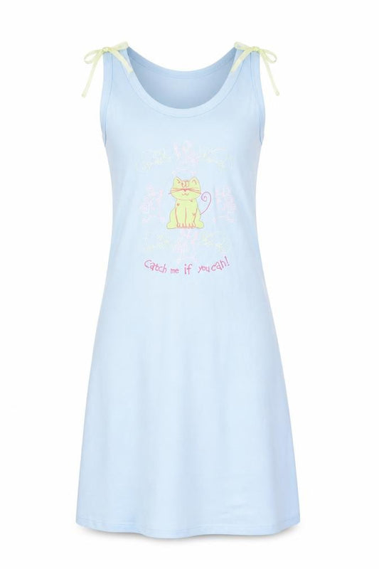 Women's Blue Cat Print Sleeveless Nightshirt Size 8-10 Lightweight Jersey