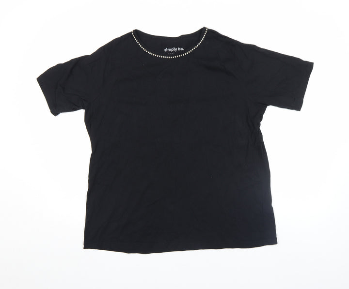Simply Be Womens Black Beaded Neck Short Sleeve Cotton T-Shirt Size 16