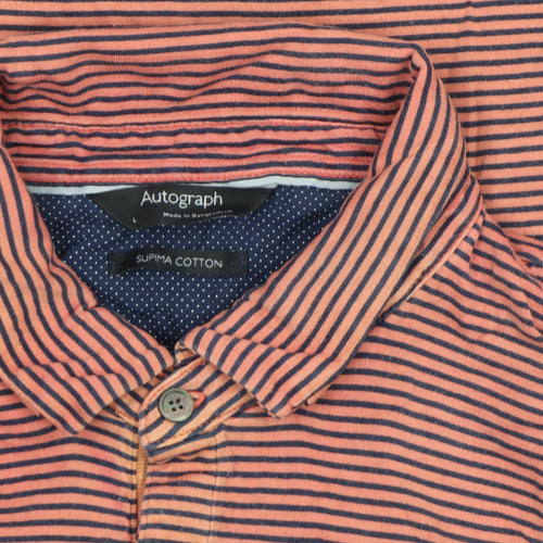Marks and Spencer Autograph Men's Orange Striped Cotton Polo Shirt Size L