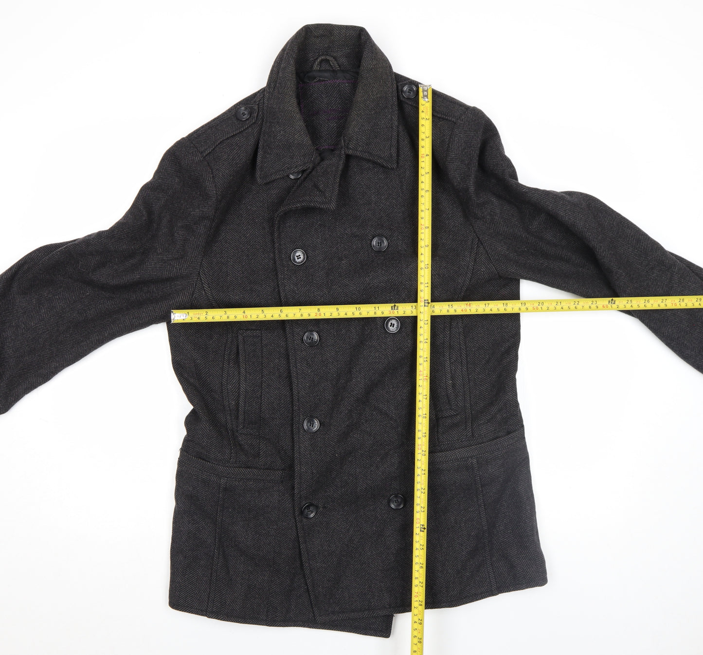 Dreamweaver London Men's Grey Wool Blend Herringbone Pea Coat M