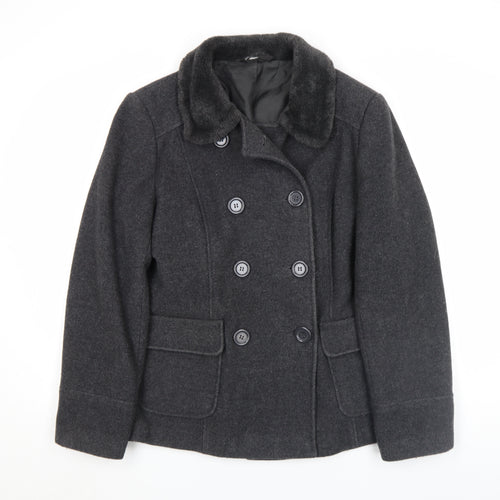 BHS Women’s Grey Wool Pea Coat Size 14 Fur Collar Classic Winter Jacket