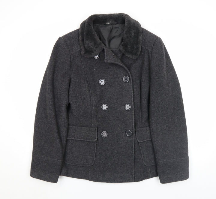 BHS Women’s Grey Wool Pea Coat Size 14 Fur Collar Classic Winter Jacket