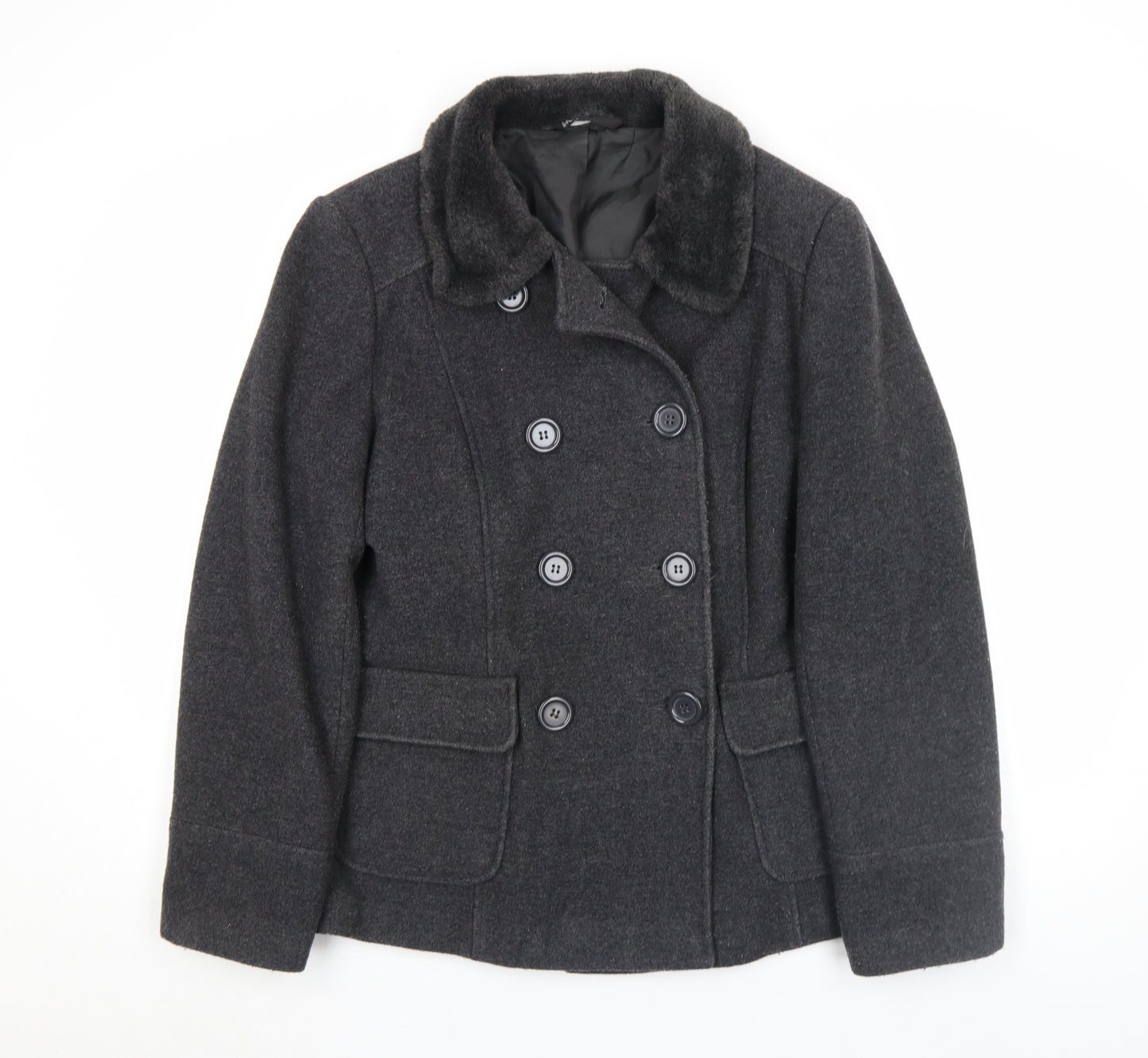 BHS Women’s Grey Wool Pea Coat Size 14 Fur Collar Classic Winter Jacket