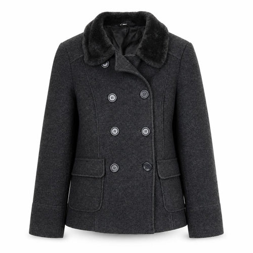 BHS Women’s Grey Wool Pea Coat Size 14 Fur Collar Classic Winter Jacket