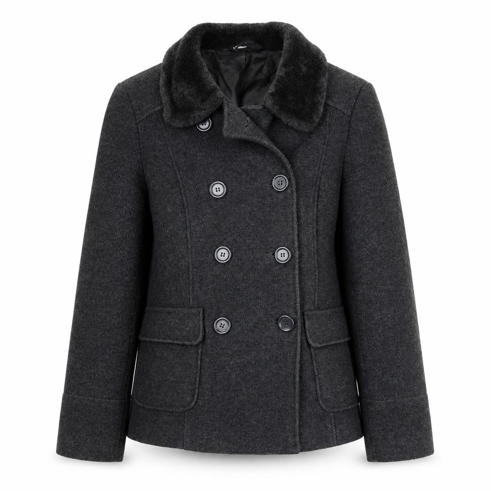 BHS Women’s Grey Wool Pea Coat Size 14 Fur Collar Classic Winter Jacket