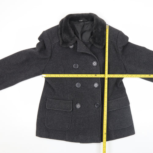 BHS Women’s Grey Wool Pea Coat Size 14 Fur Collar Classic Winter Jacket