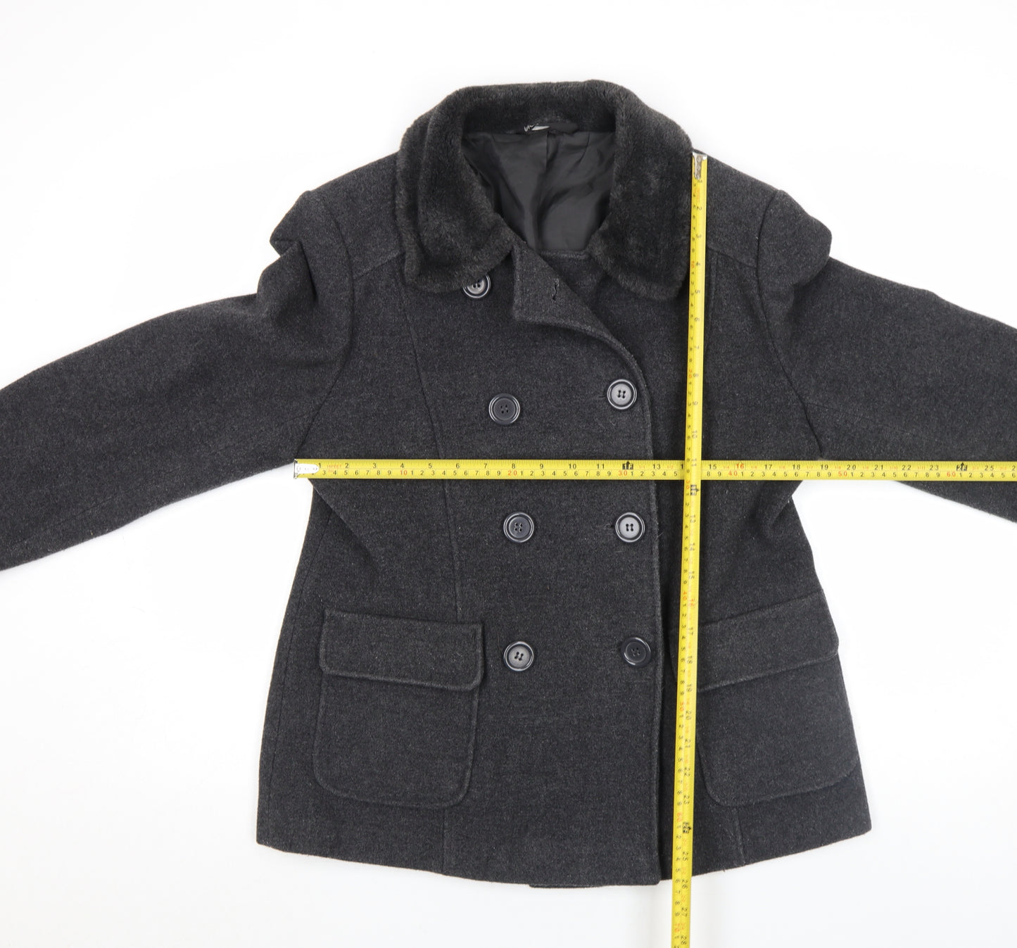 BHS Women’s Grey Wool Pea Coat Size 14 Fur Collar Classic Winter Jacket